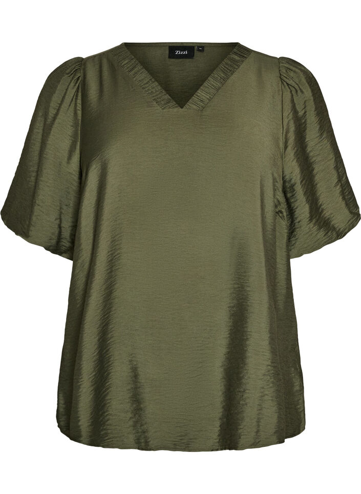Bluse mit Ballon&auml;rmeln und V-Ausschnitt, Gr&uuml;n, Packshot image number 0