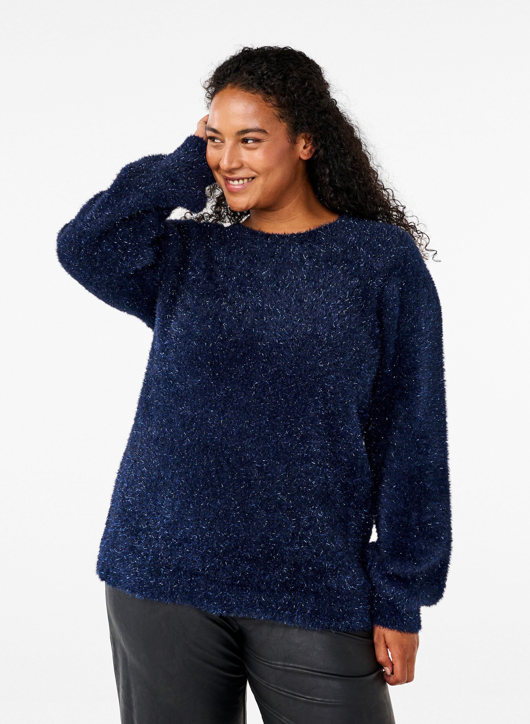 Zizzi  Strickbluse mit Glitzerfaden, Blau, Model image number 0