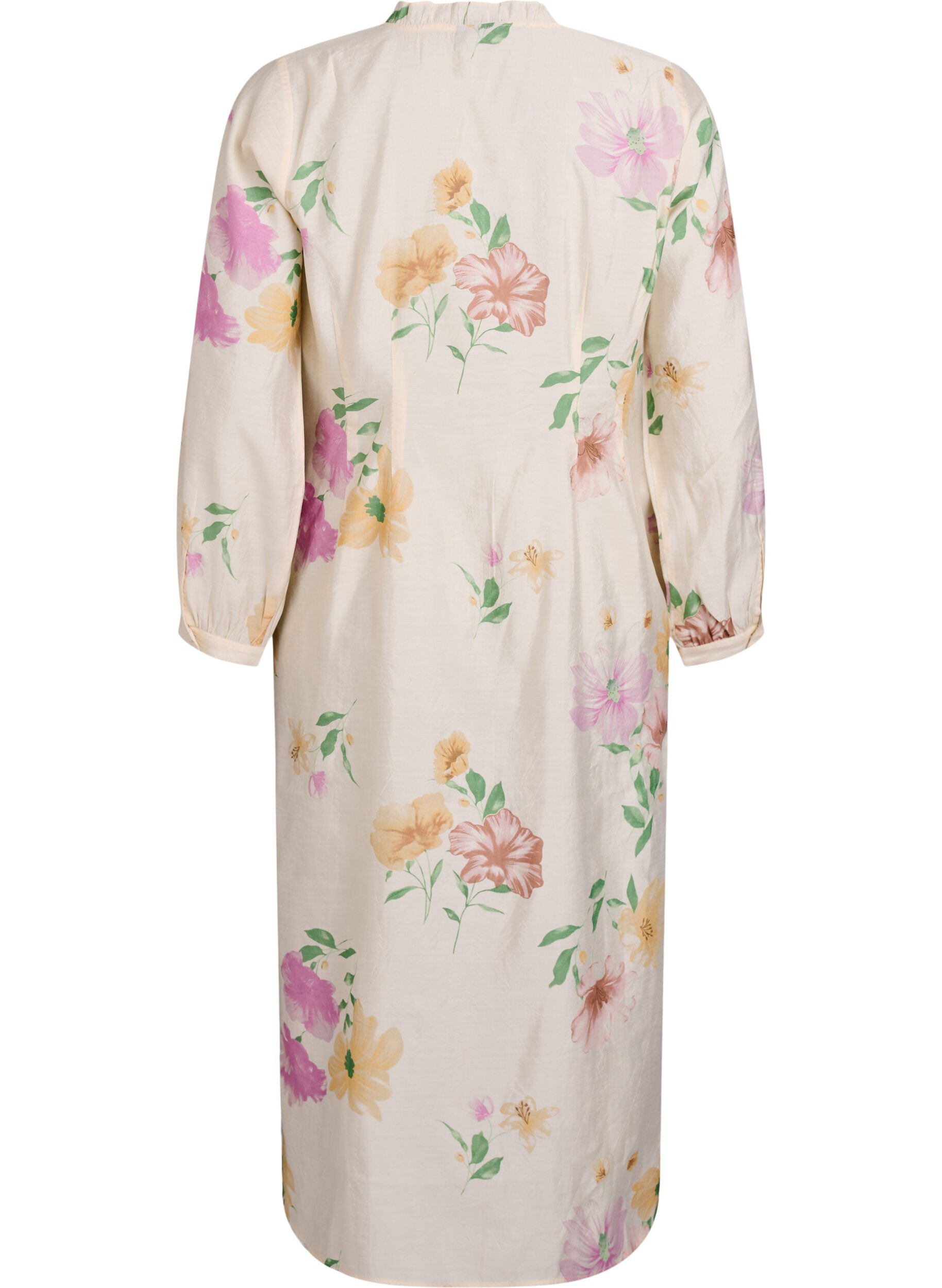 Zizzi Robe midi fleurie avec col &agrave; volants et fermeture boutonn&eacute;e, Beige, Packshot image number 1