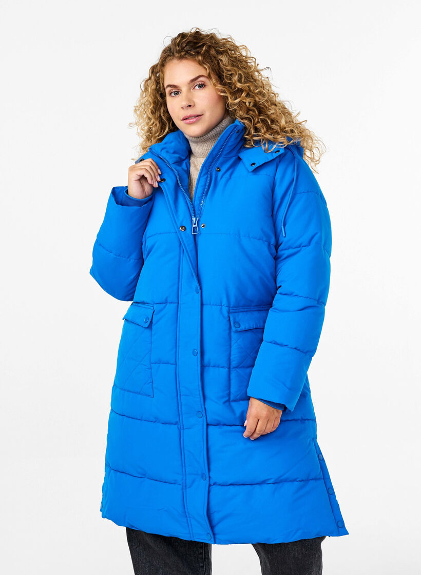 Longue veste polaire avec poches et capuche, Bleu, Model image number 0