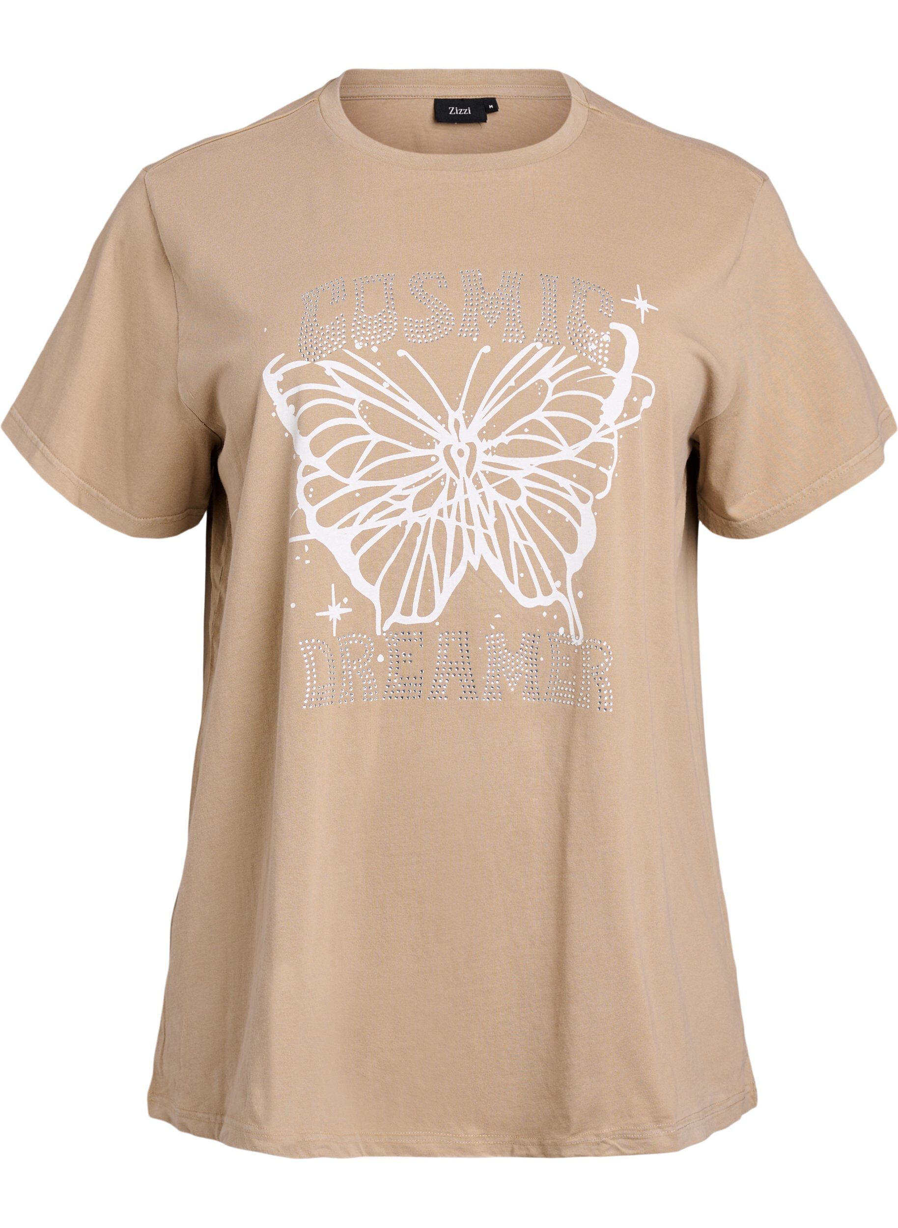 Zizzi T-Shirt aus Bio-Baumwolle mit Strass und Schmetterlingsmotiv, Braun, Packshot image number 0