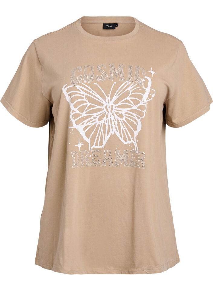 T-shirt en coton biologique avec des strass et un motif de papillon, Camel, Packshot image number 0