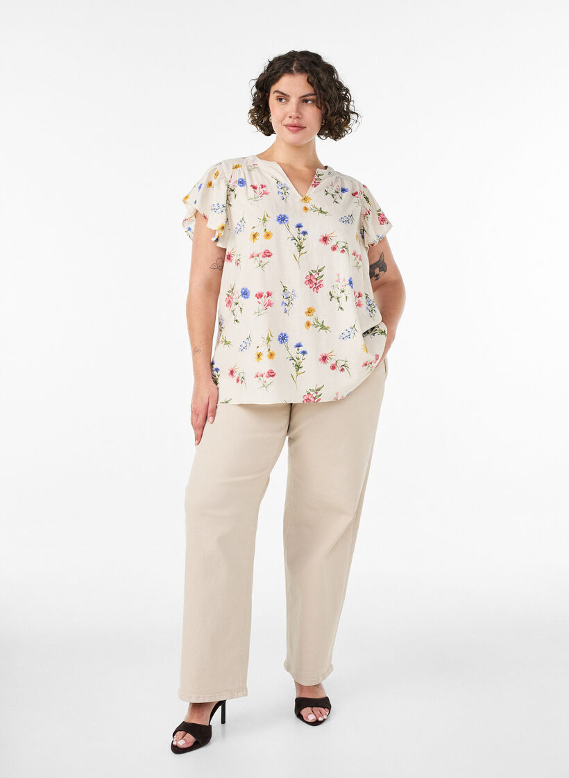 Bluse aus Viskose und Leinen mit R&uuml;schen&auml;rmeln, Beige, Model image number 1