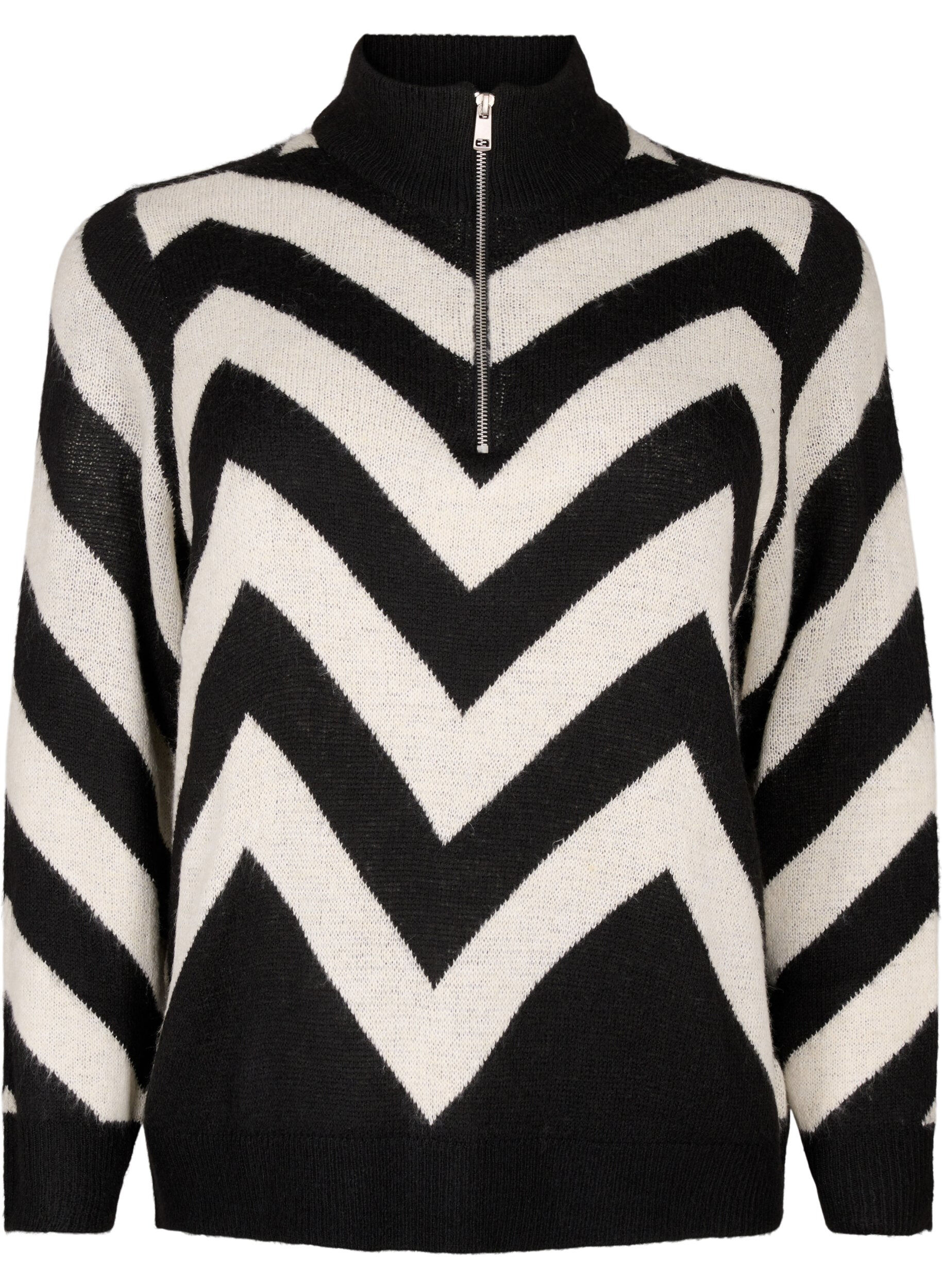 Zizzi Hochgeschlossener Strickpullover mit Rei&szlig;verschluss, Black Birch Stripe, Packshot image number 0