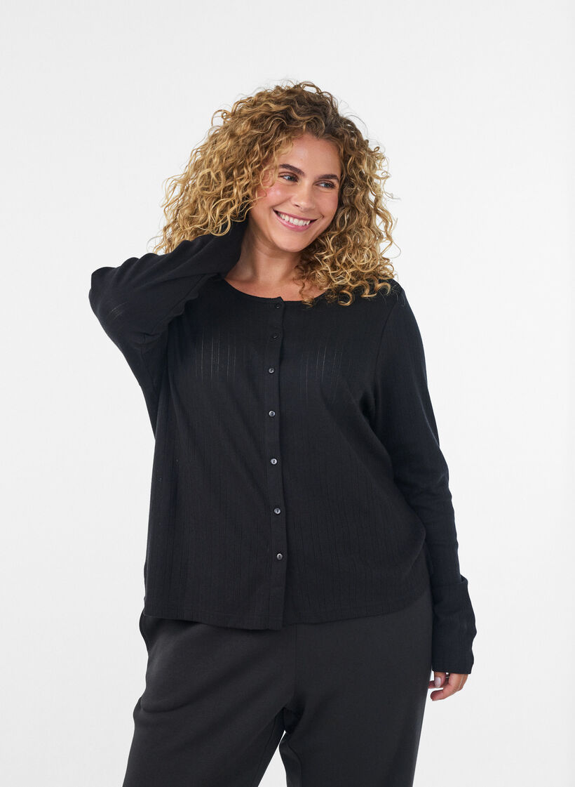Strickjacke aus Bio-Baumwolle mit Lochstickerei, Schwarz, Model image number 0