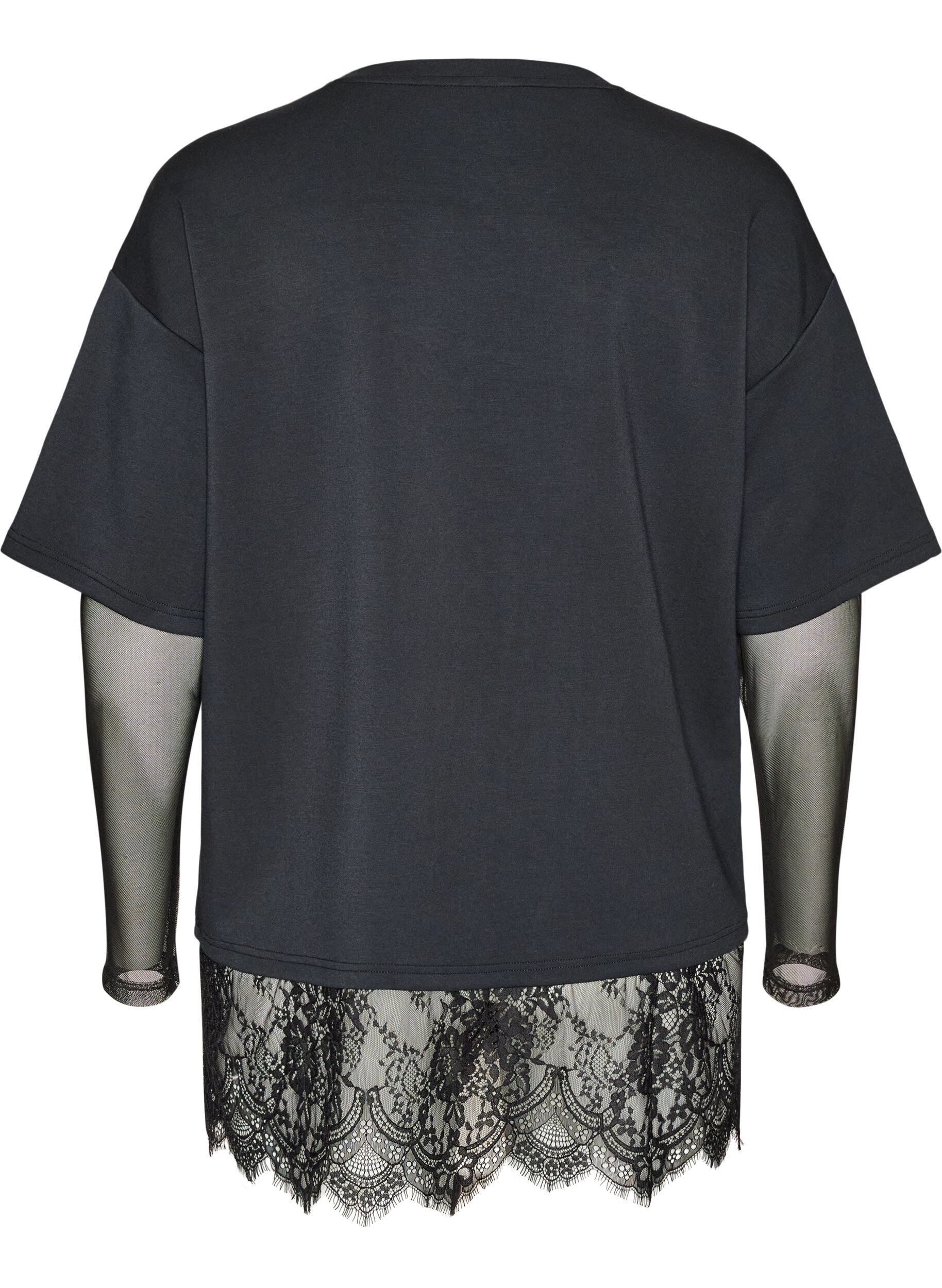 ZizziBluse mit Mesh-&Auml;rmeln und Spitzenbesatz, Schwarz, Packshot image number 1