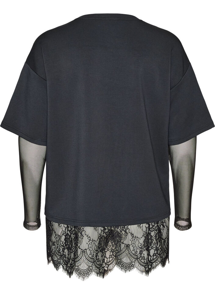 Bluse mit Mesh-&Auml;rmeln und Spitzenbesatz, Schwarz, Packshot image number 1