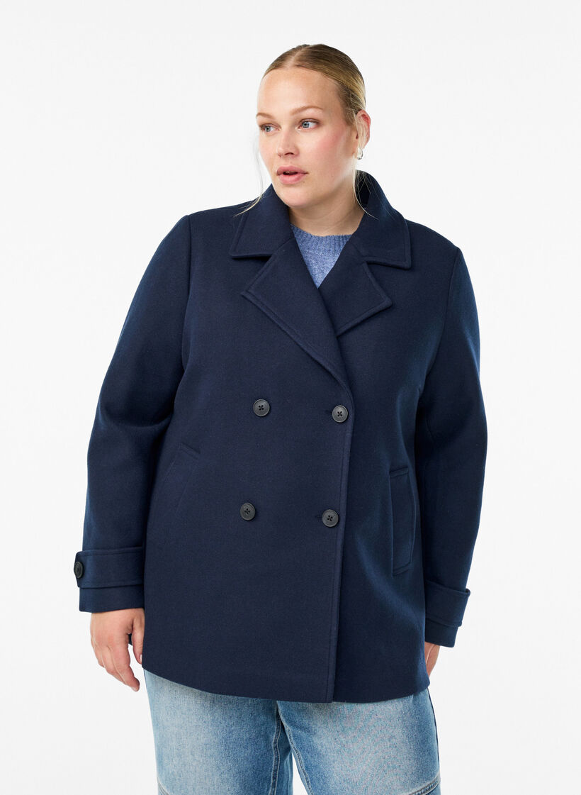 Kurzmantel mit zweireihiger Knopfleiste, Blau, Model image number 0