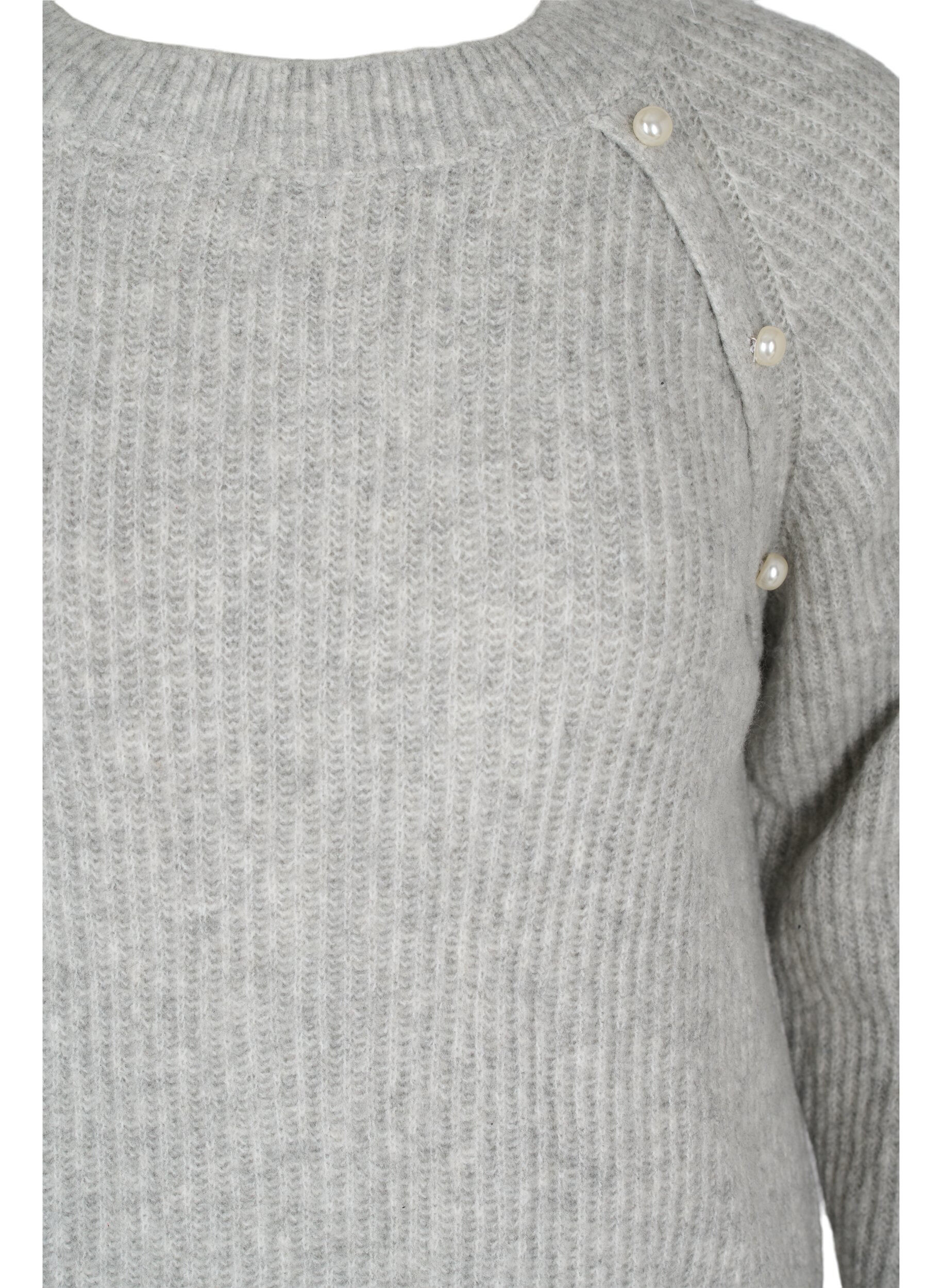 Zizzi Melierter Strickpulli mit Perlenkn&ouml;pfen, Light Grey Melange, Packshot image number 2