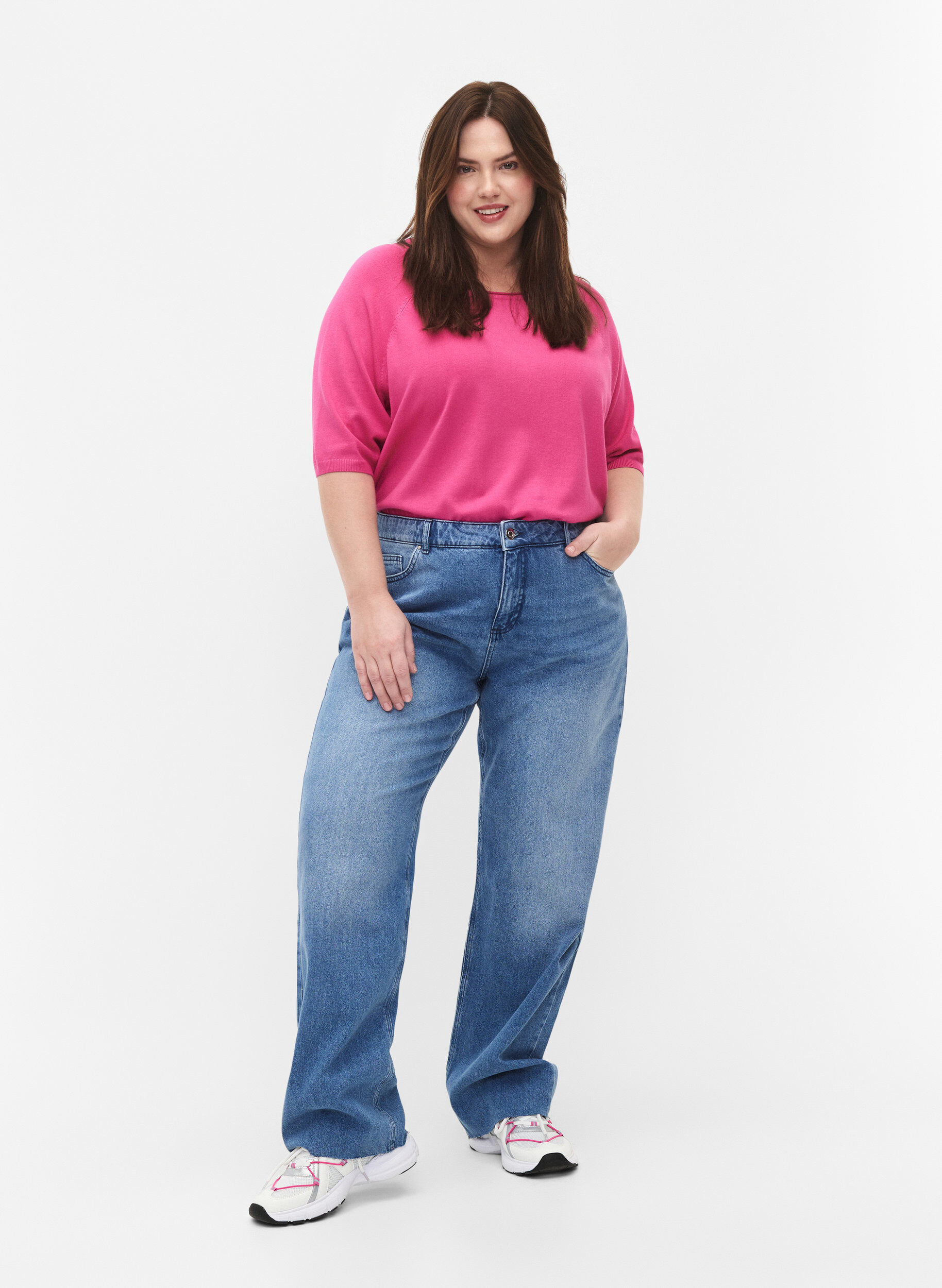 Zizzi Strickbluse aus Viskose mit 3/4-&Auml;rmeln, Raspberry Rose, Model image number 2