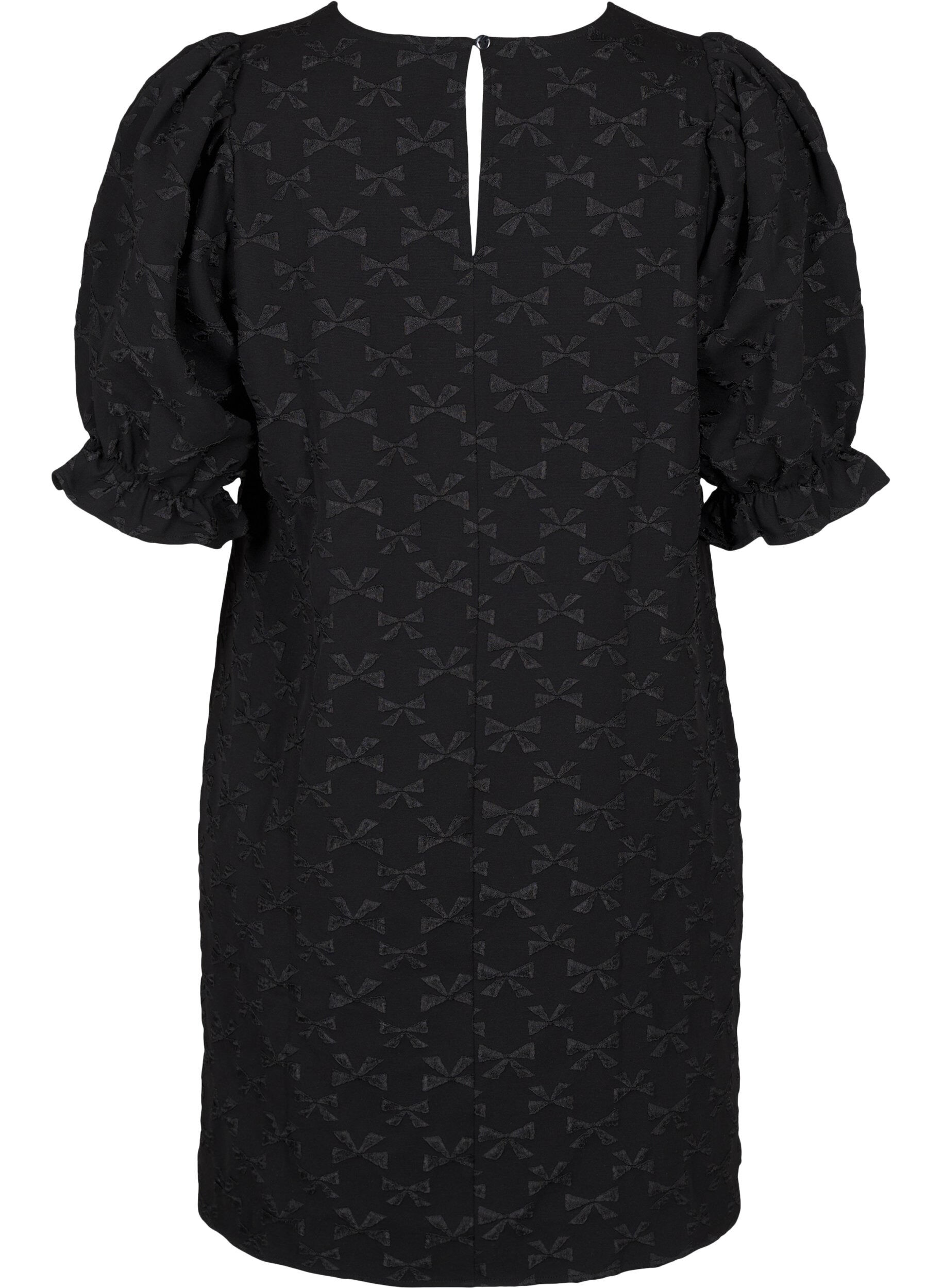 Zizzi Kurzes Jacquard-Kleid mit Schleifen, Black W. Bow, Packshot image number 1