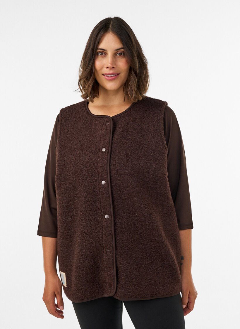 Gilet en polaire avec boutons-pression et poches lat&eacute;rales, Marron, Model image number 0