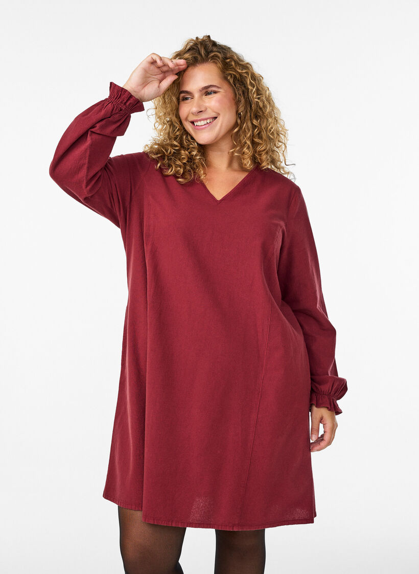 Robe courte en coton avec col en V, Bordeaux foncé, Model image number 0