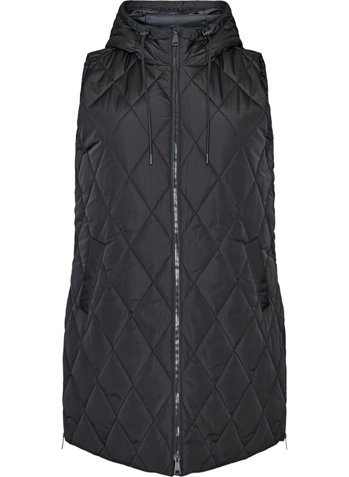 Gilet matelass&eacute; mi-long &agrave; capuche, Noir, Packshot image number 0