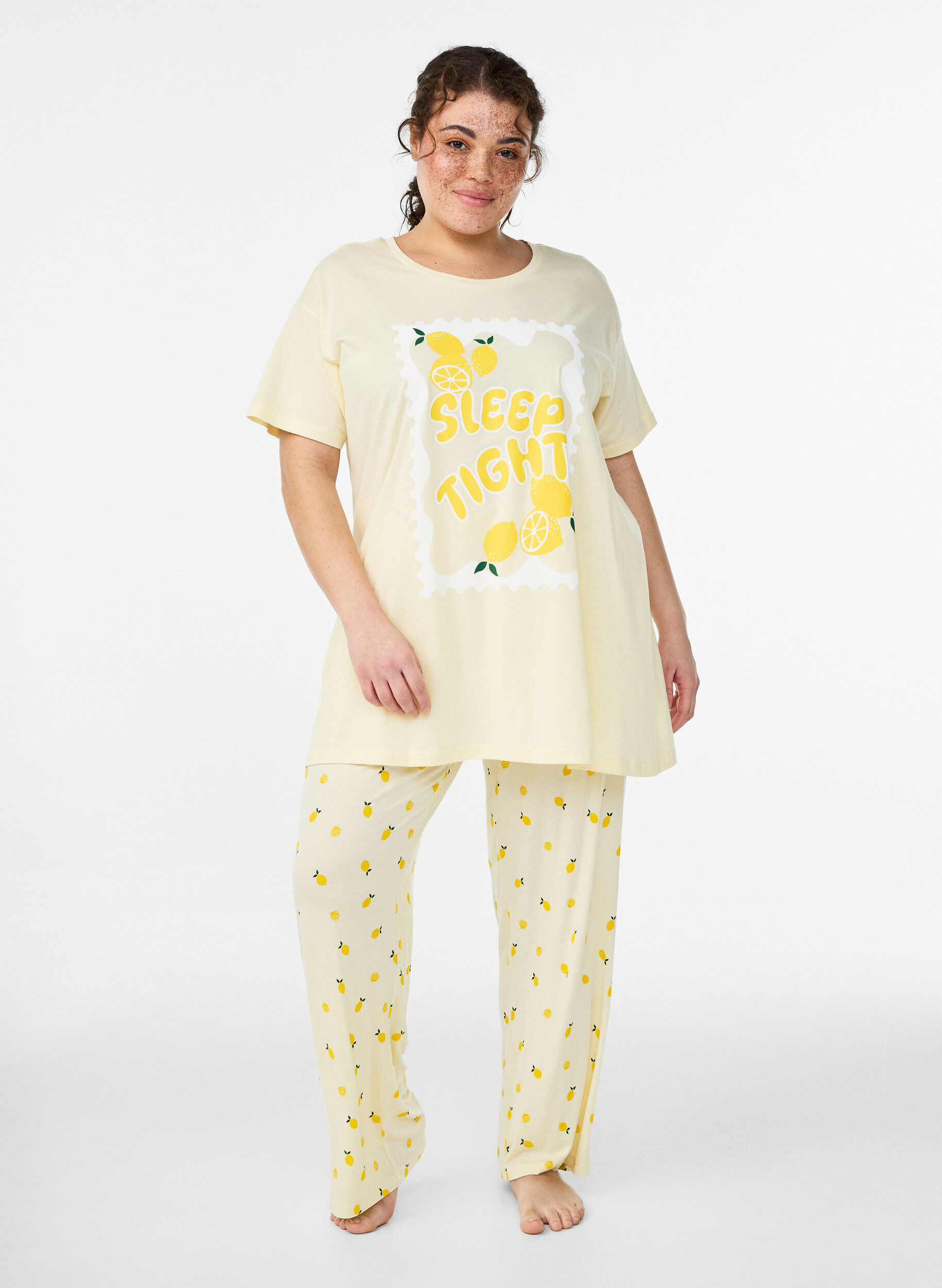 Pantalon de pyjama en jersey doux avec taille haute et imprim&eacute; fruits, Jaune clair, Model