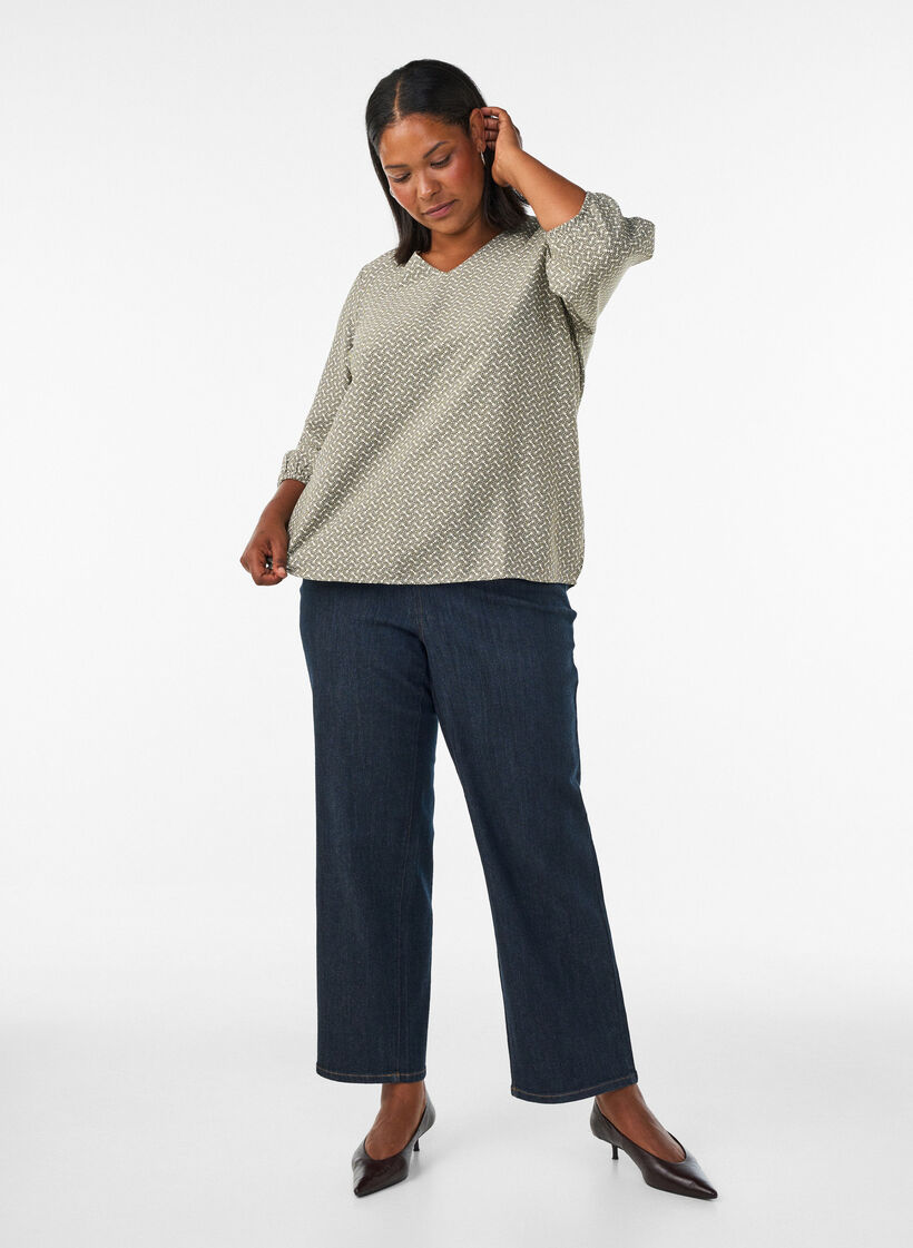Blouse imprim&eacute;e en viscose avec manches 3/4, Vert Kaki, Model image number 1
