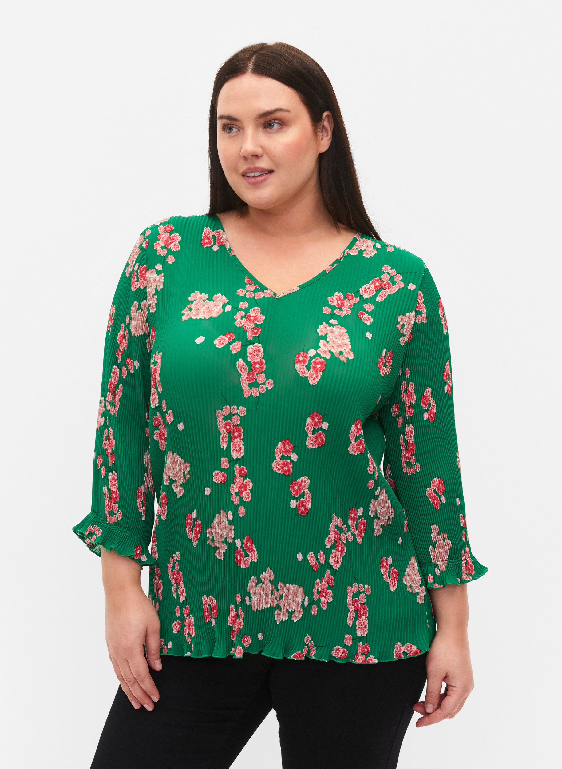 Zizzi Plissierte Bluse mit 3/4-&Auml;rmeln, Jolly Green Flower, Model image number 0