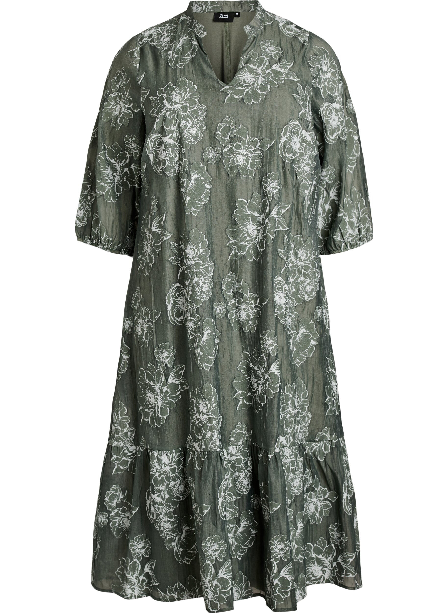 Zizzi Midikleid mit Blumenprint und transparenten 3/4-&Auml;rmeln, Gr&uuml;n, Packshot image number 0