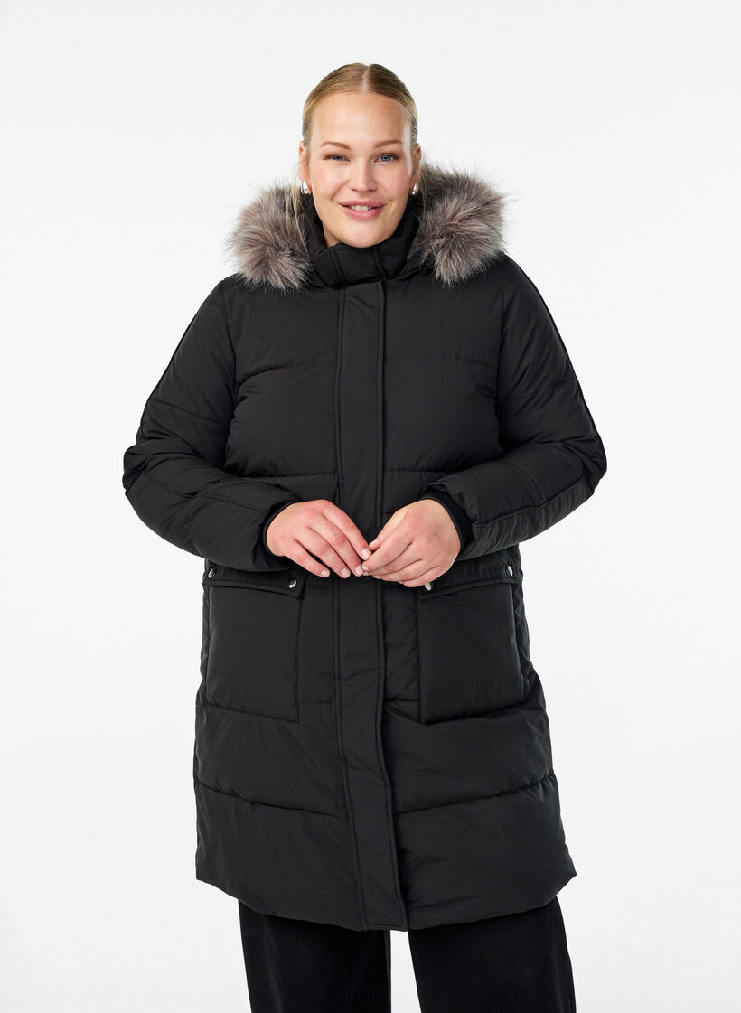 Parka déperlante avec col en fausse fourrure, Noir, Model image number 0
