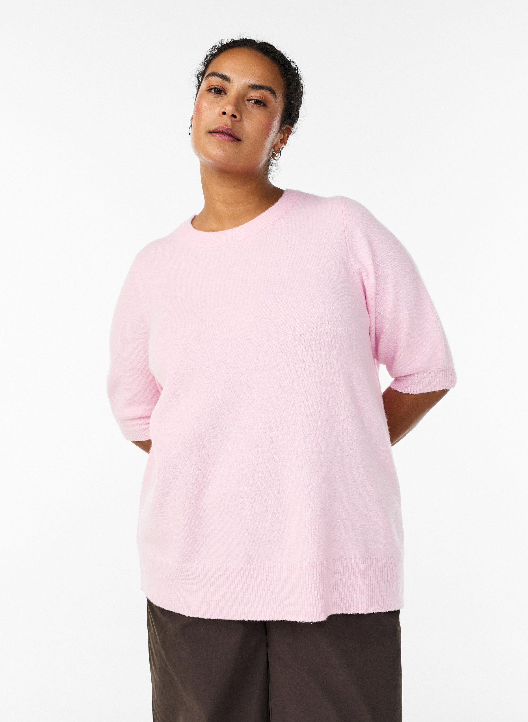 Zizzi Blouse en maille avec manches courtes, Rose, Model image number 0