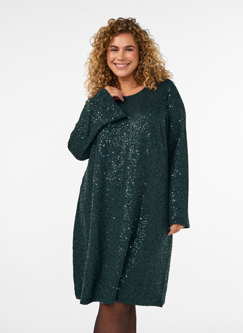 Kurzes Paillettenkleid in A-Linie, Gr&uuml;n, Model image number 0