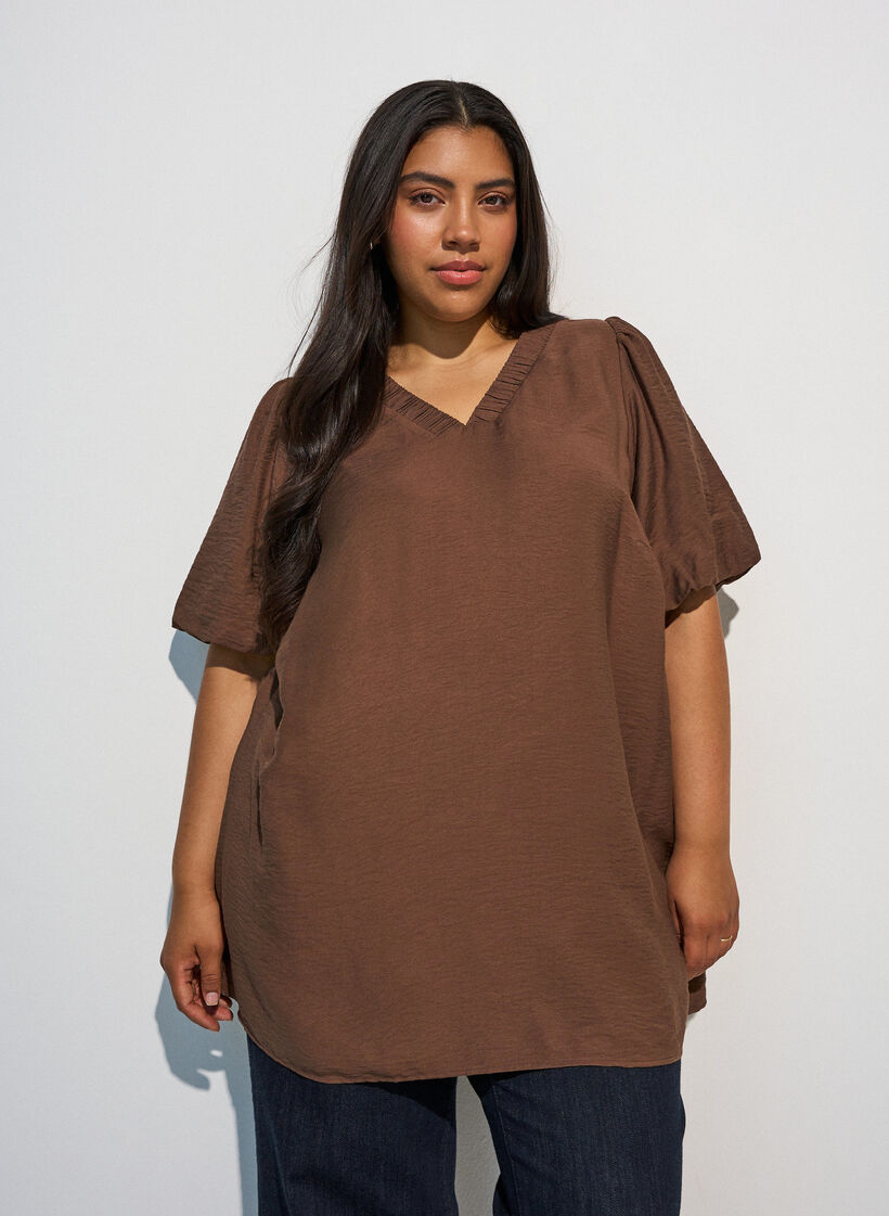 Tunika mit Ballon&auml;rmeln und V-Ausschnitt, Braun, Model image number 0