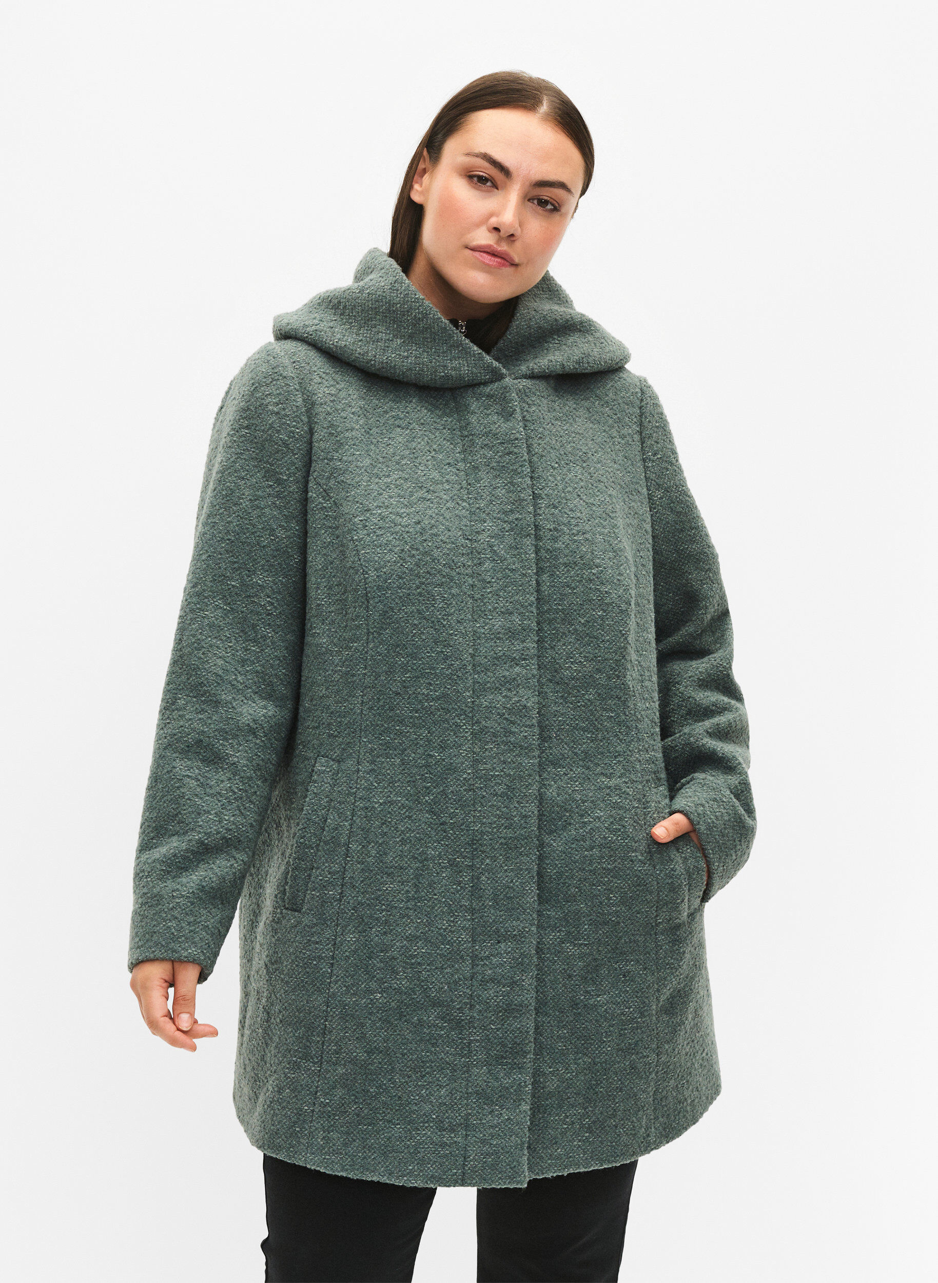 Zizzi Manteau boucl&eacute; en laine, Balsam Green Mel., Model image number 0