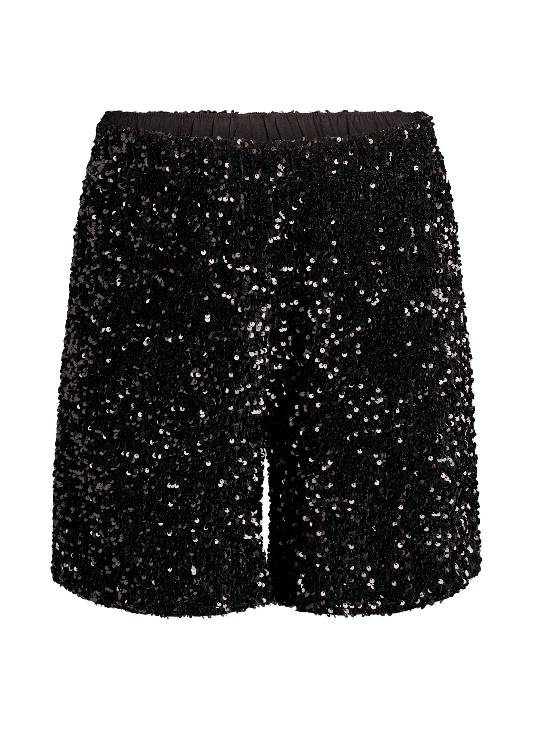 Zizzi Hoch taillierte Shorts mit Pailletten, Schwarz, Packshot image number 0
