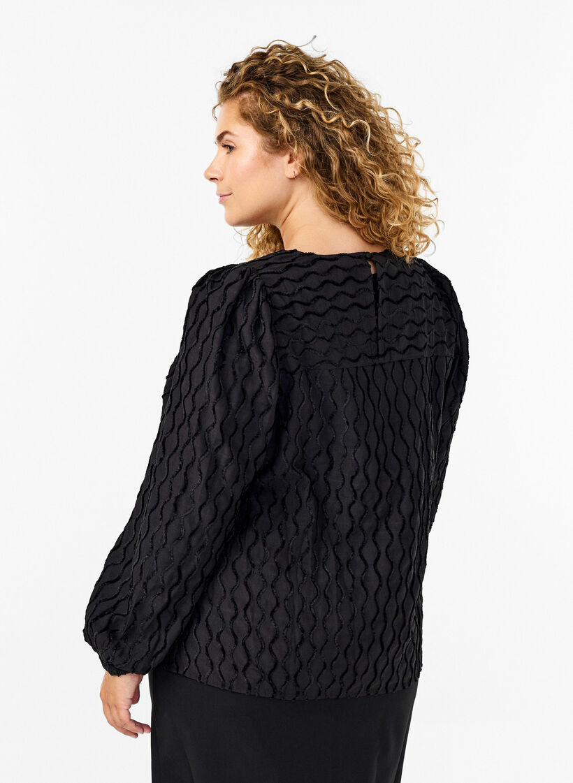 Langarmbluse mit Muster und V-Ausschnitt, Black, Model image number 1