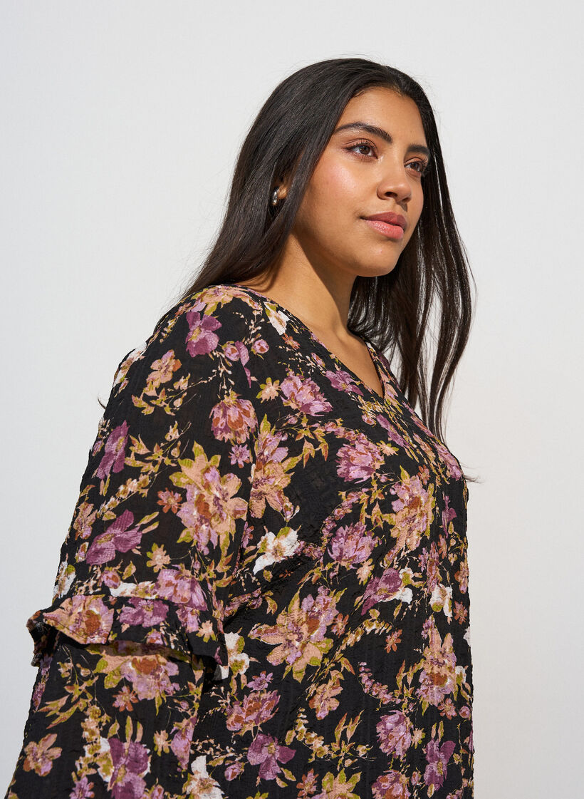 Bluse mit Blumenprint und R&uuml;schendetails, Schwarz, Model image number 3