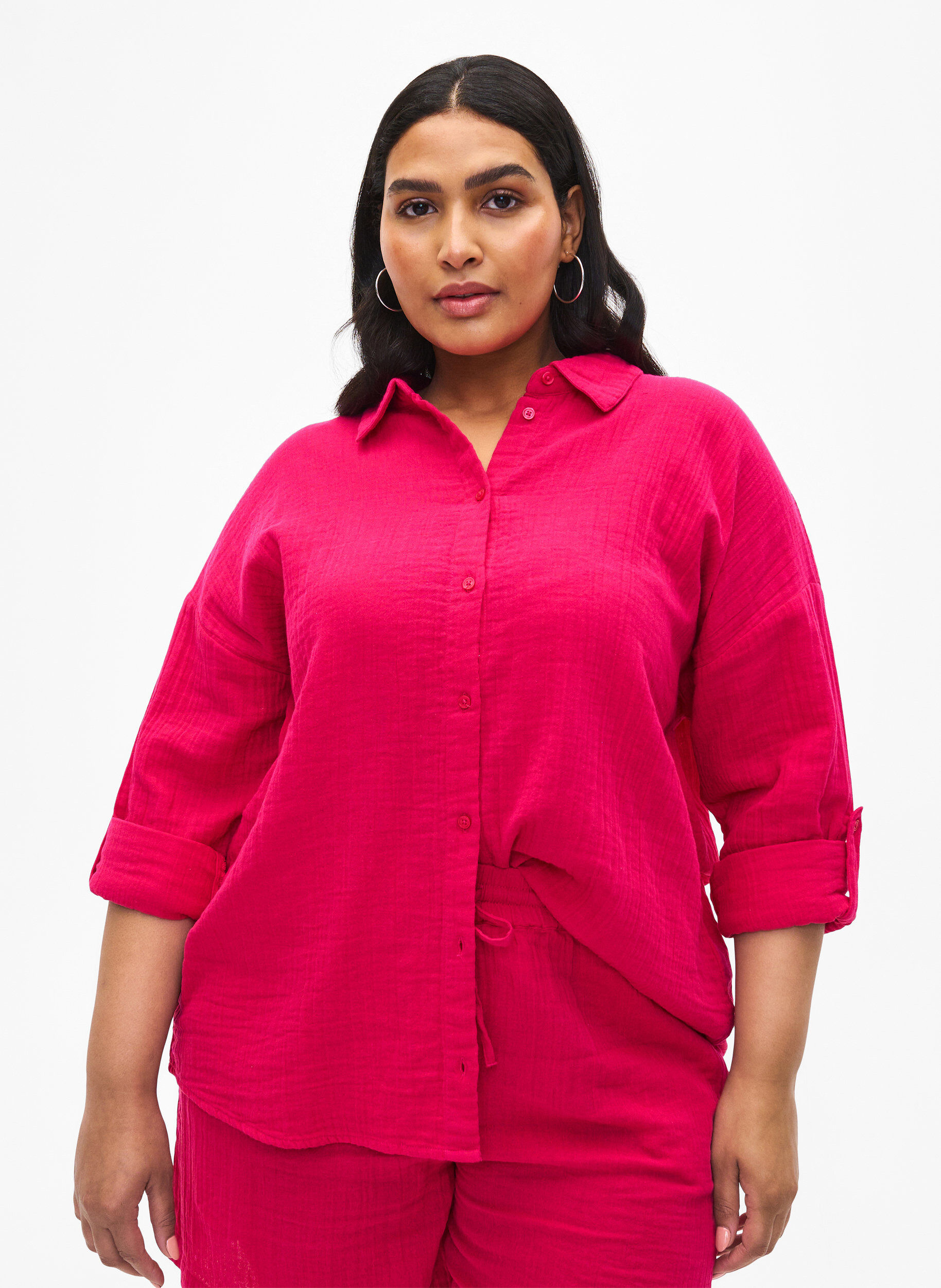 Zizzi Hemd mit Kragen aus Baumwoll-Musselin, Bright Rose, Model image number 0