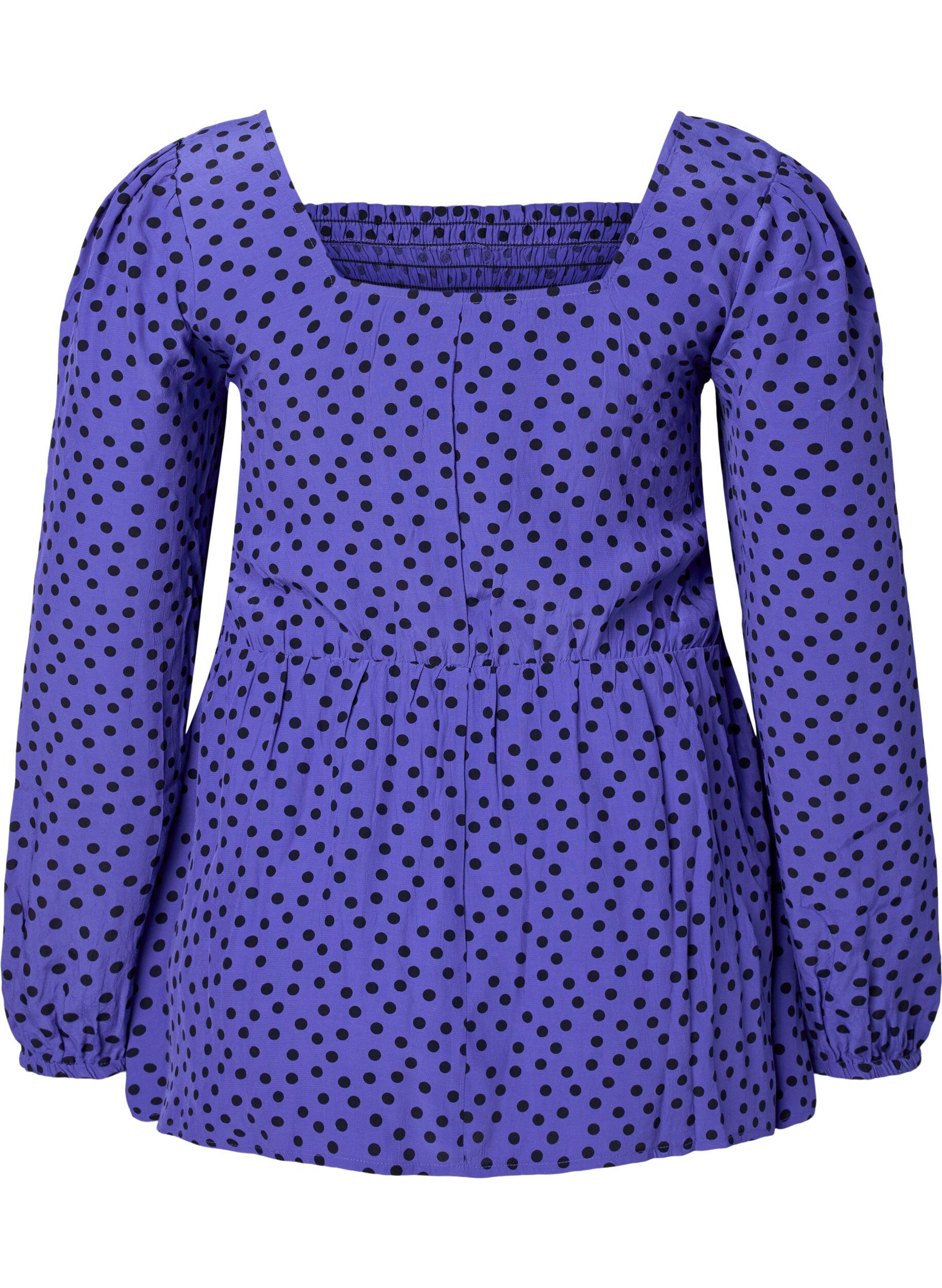 Zizzi Blouse en viscose &agrave; pois avec smock, R.Blue w. Black Dot, Packshot image number 1