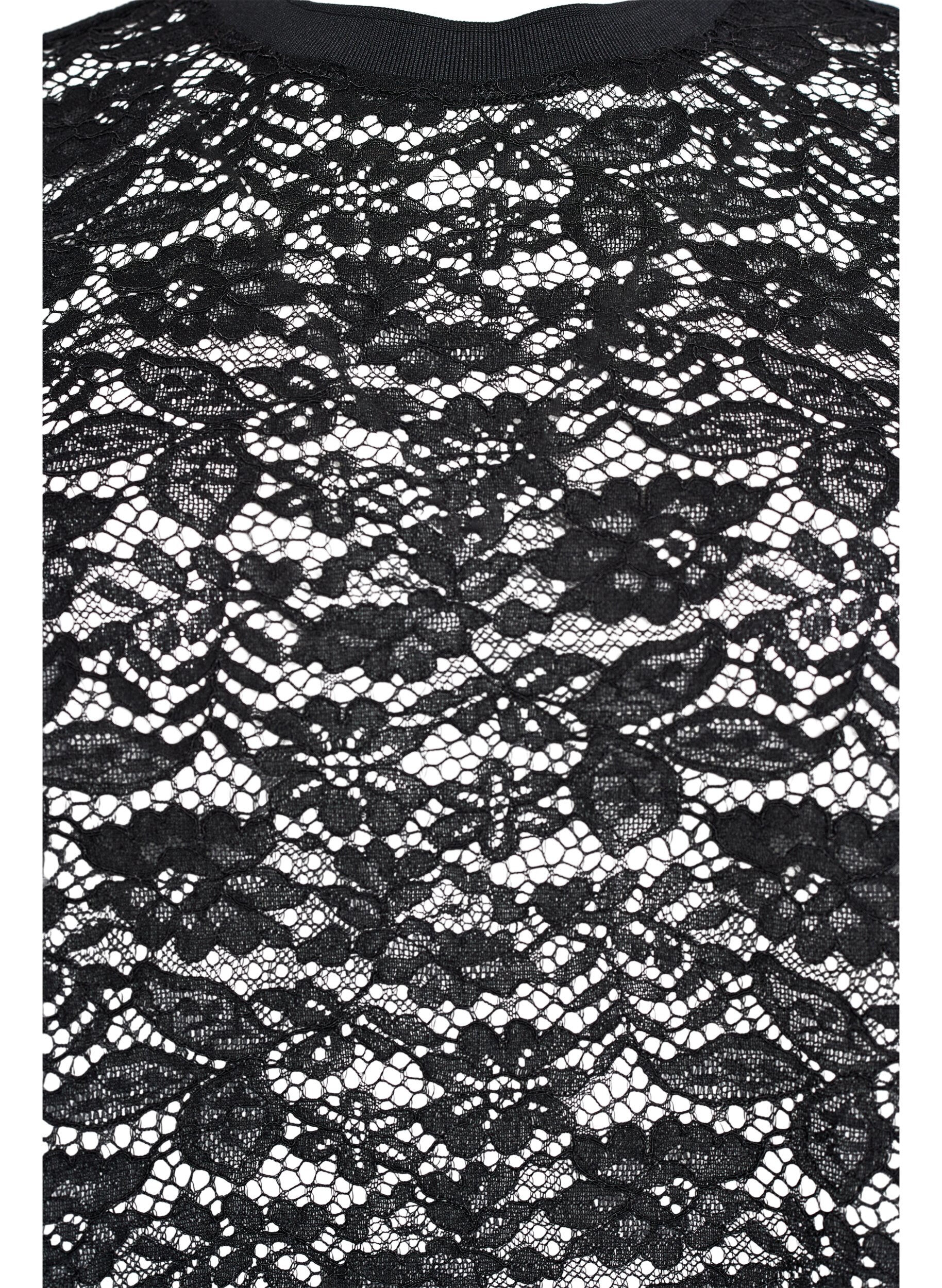 Zizzi Bluse aus Spitze mit kurzen &Auml;rmeln und Rundhalsausschnitt, Schwarz, Packshot image number 2