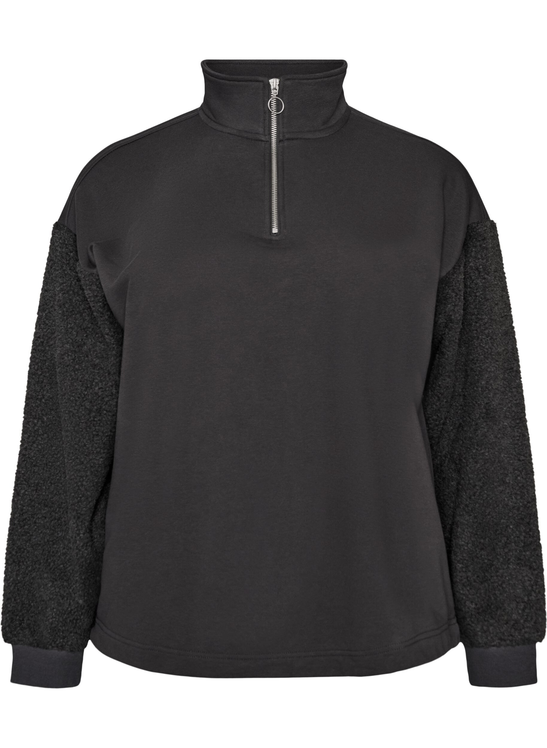 Sweatshirt avec manches en mati&egrave;re teddy et col montant