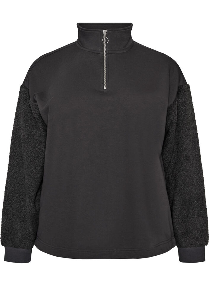 Sweatshirt avec manches en mati&egrave;re teddy et col montant, Gris anthracite, Packshot image number 0