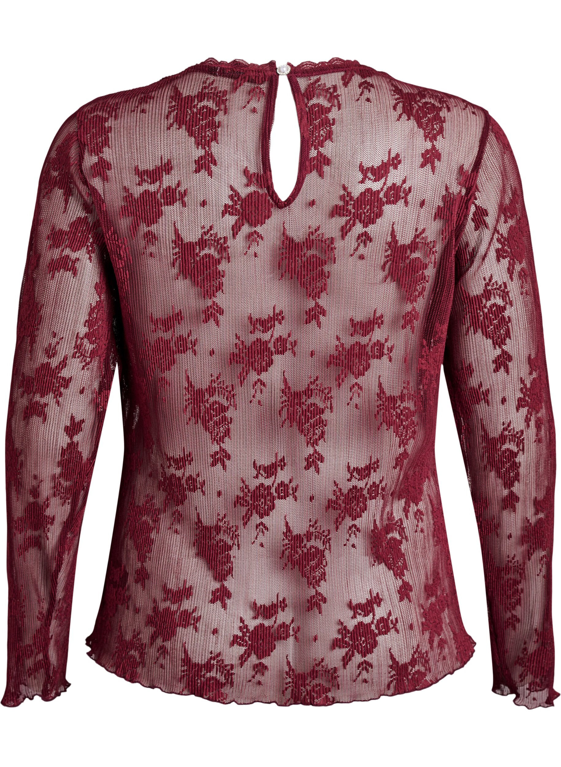 Zizzi Blouse &agrave; manches longues en maille avec motif dentelle, Bordeaux fonc&eacute;, Packshot image number 1