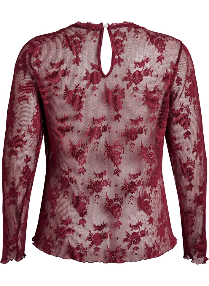 Blouse en maille à manches longues avec motif en dentelle, Bordeaux foncé, Packshot image number 1