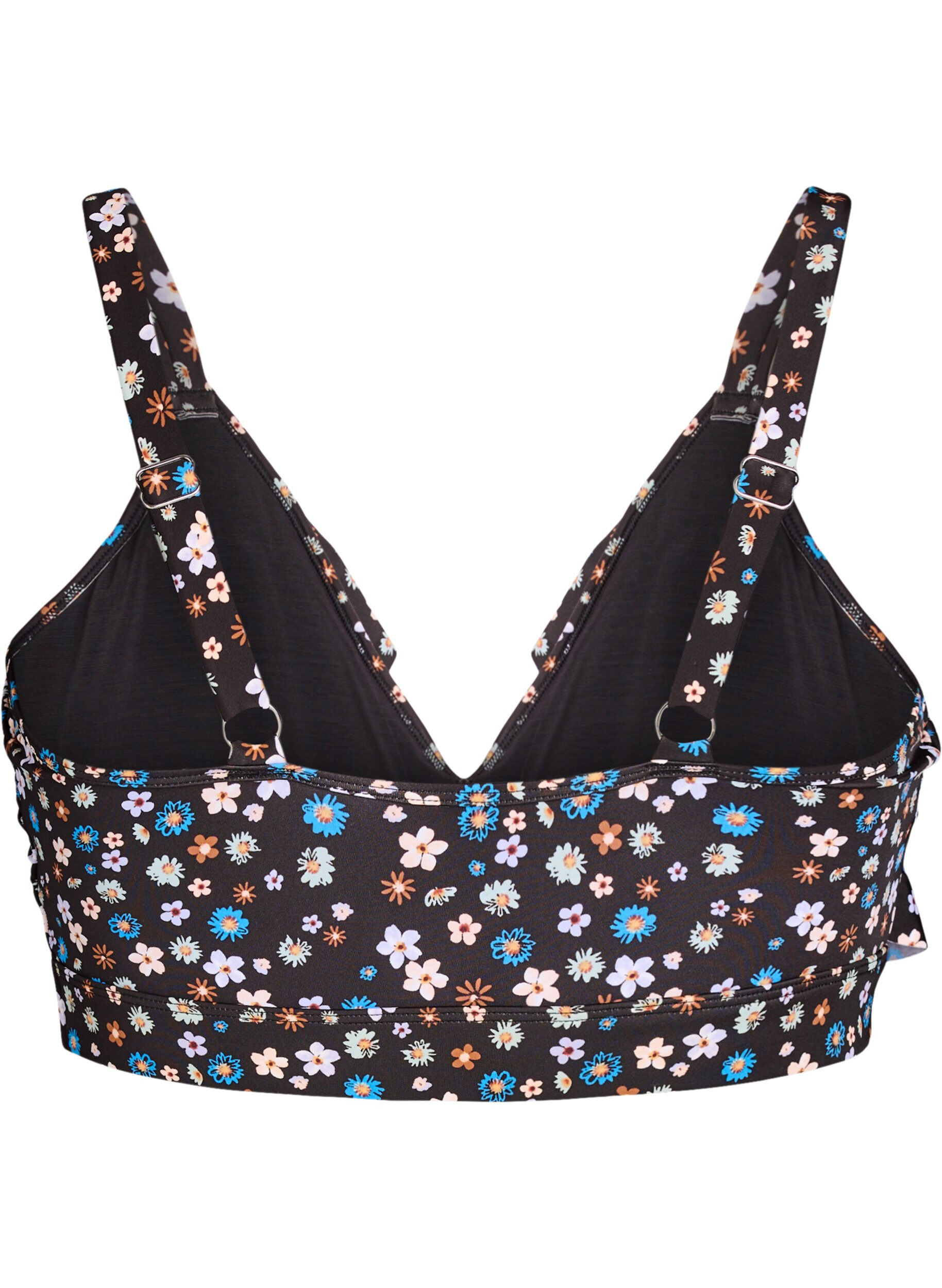 ZizziHaut de bikini &agrave; fleurs et &agrave; d&eacute;tails de jabot, Marron, Packshot image number 1