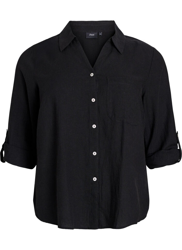 Bluse aus Leinen und Viskose mit 3/4-&Auml;rmeln, Schwarz, Packshot image number 0
