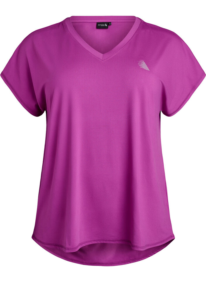 Kurzarm Trainingsshirt mit V-Ausschnitt, Lila, Packshot image number 0