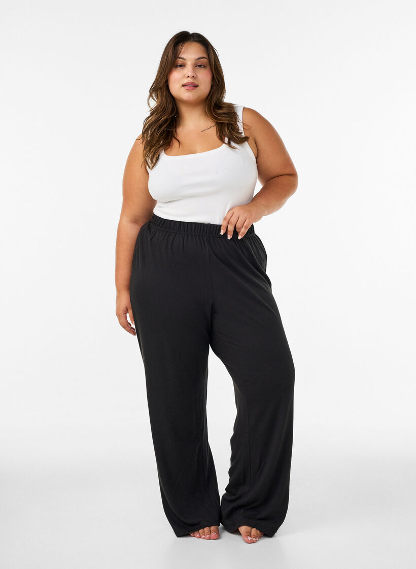 Hoch taillierte Hose aus Jersey mit weitem Bein, Schwarz, Model image number 1