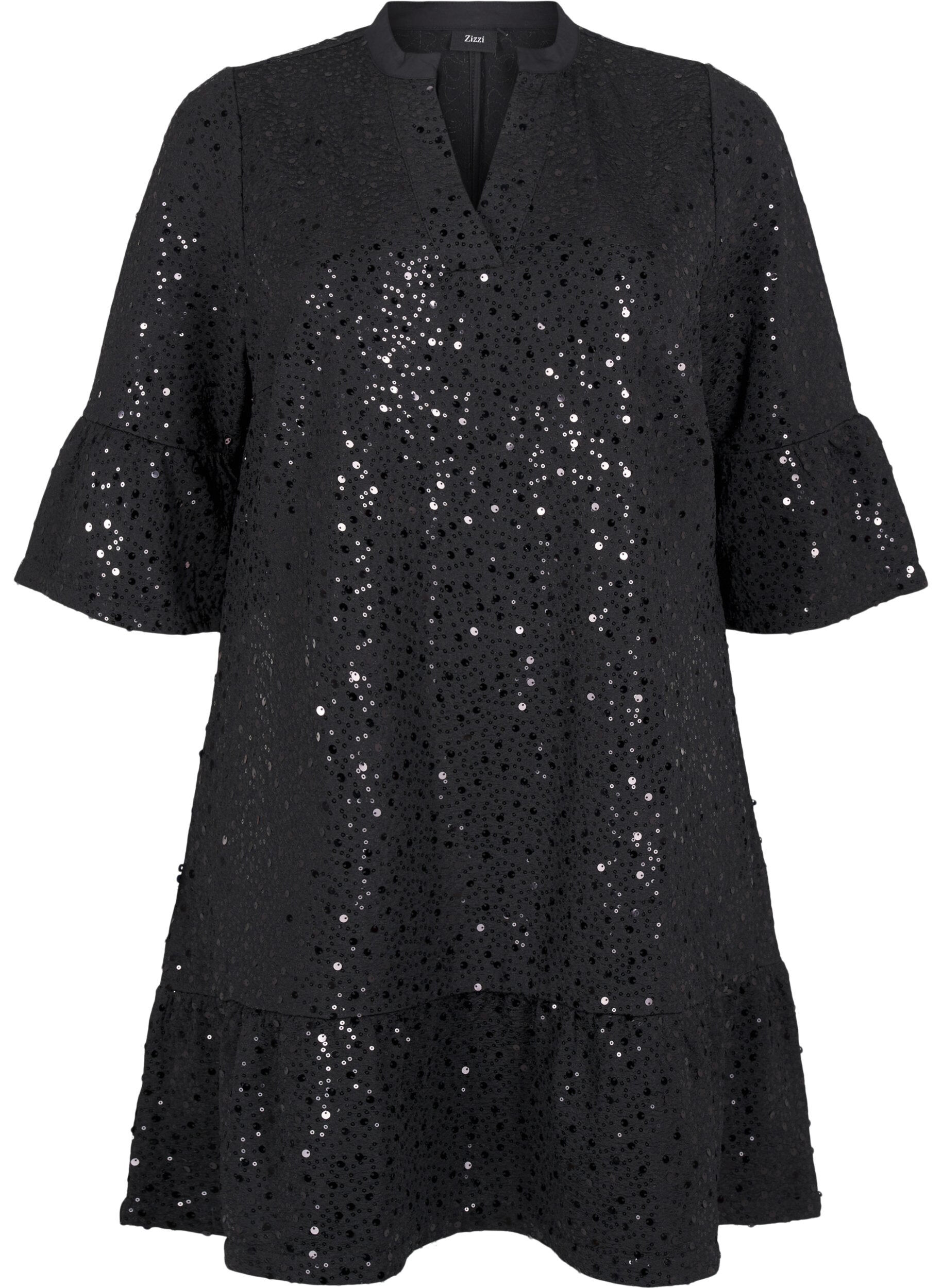 Zizzi Paillettenkleid mit V-Ausschnitt und 3/4-&Auml;rmeln, Black w. Bl. Sequins, Packshot image number 0