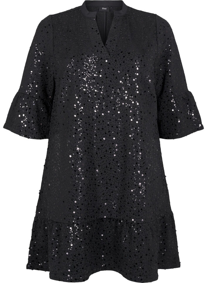 Paillettenkleid mit V-Ausschnitt und 3/4-Ärmeln, Black w. Bl. Sequins, Packshot image number 0