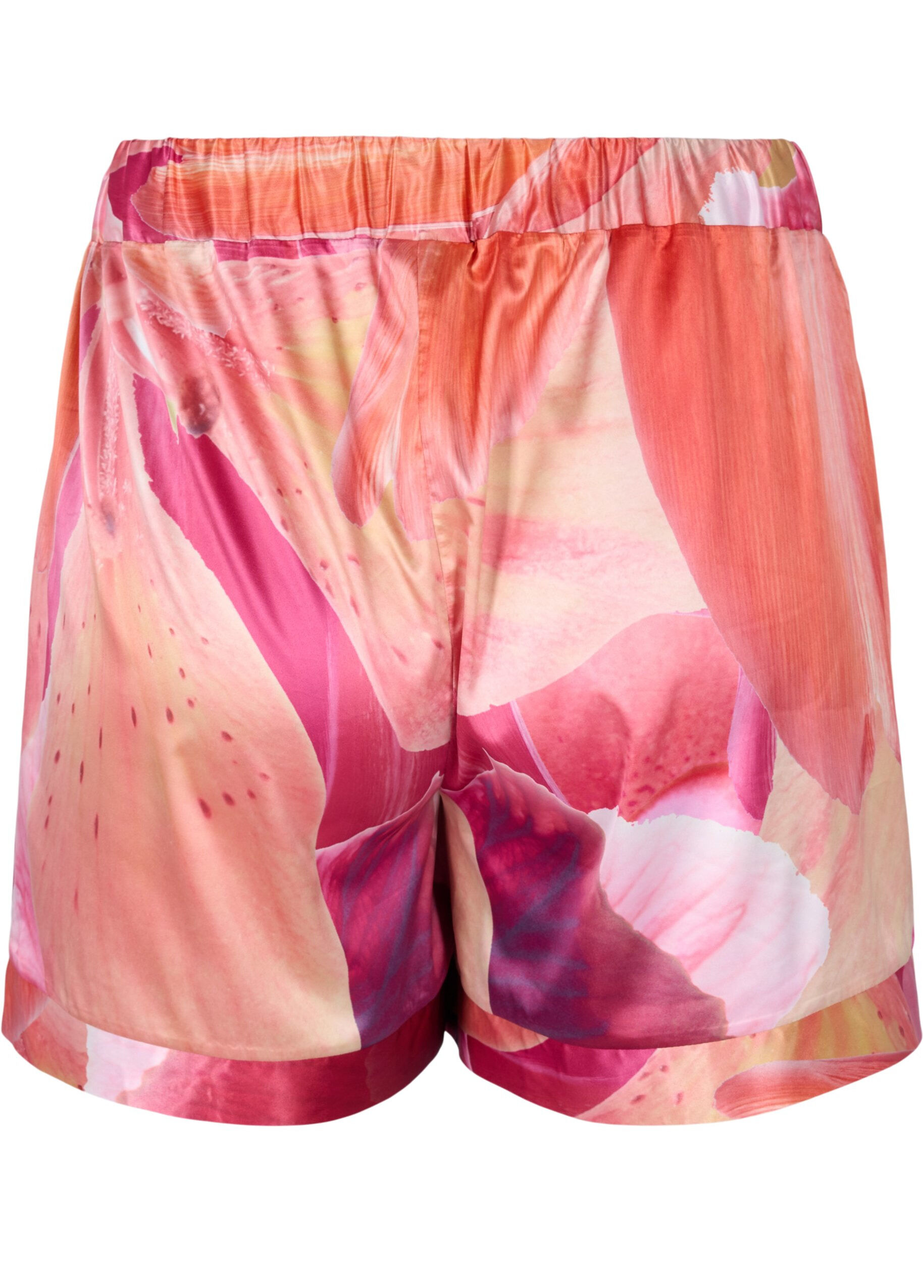 Zizzi Short de pyjama &agrave; motifs avec cordon de serrage, Orange Pink AOP, Packshot image number 1