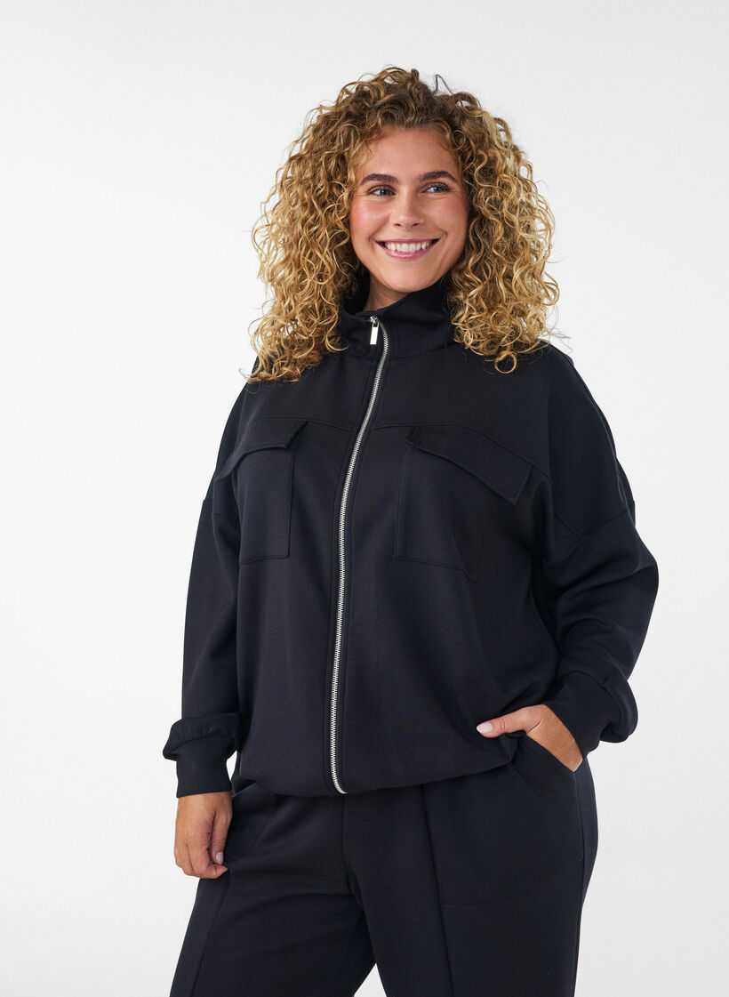 Cardigan en jersey avec fermeture &eacute;clair et col montant, Noir, Model image number 0