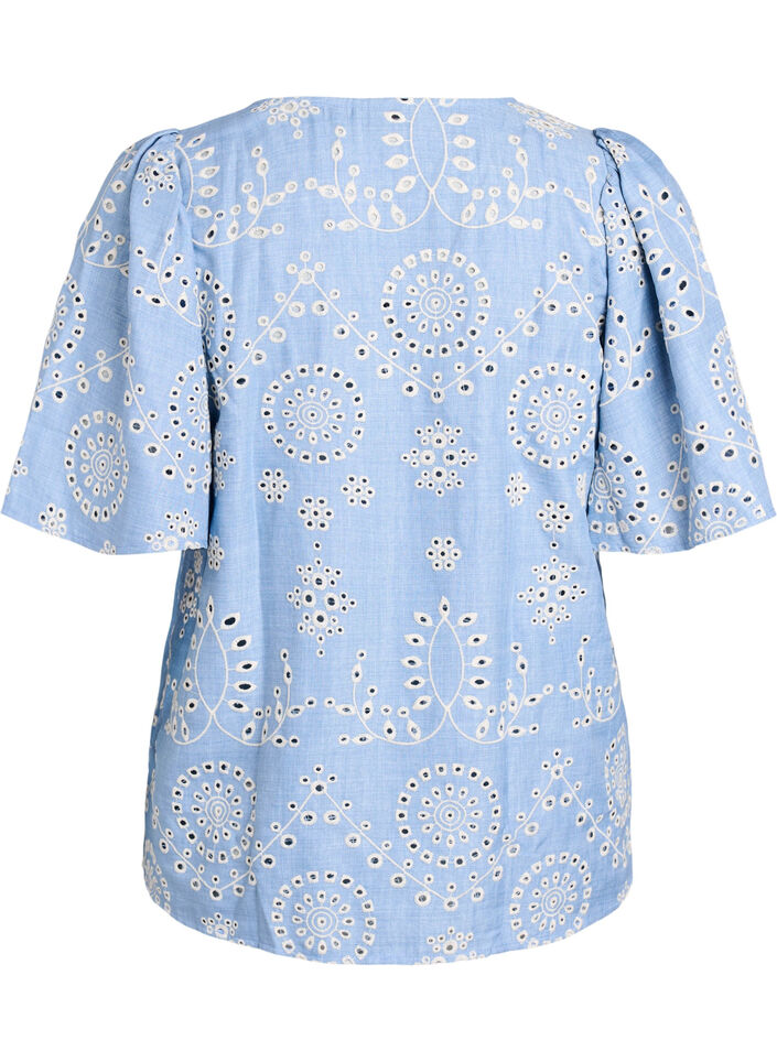 Bluse mit Broderie-Anglaise und kurzen Puffärmeln, Blau, Packshot image number 1