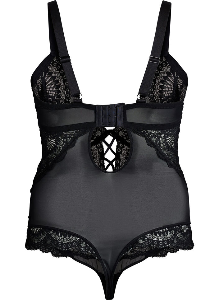 Spitzenbody mit Schn&uuml;rdetails, Schwarz, Packshot image number 1