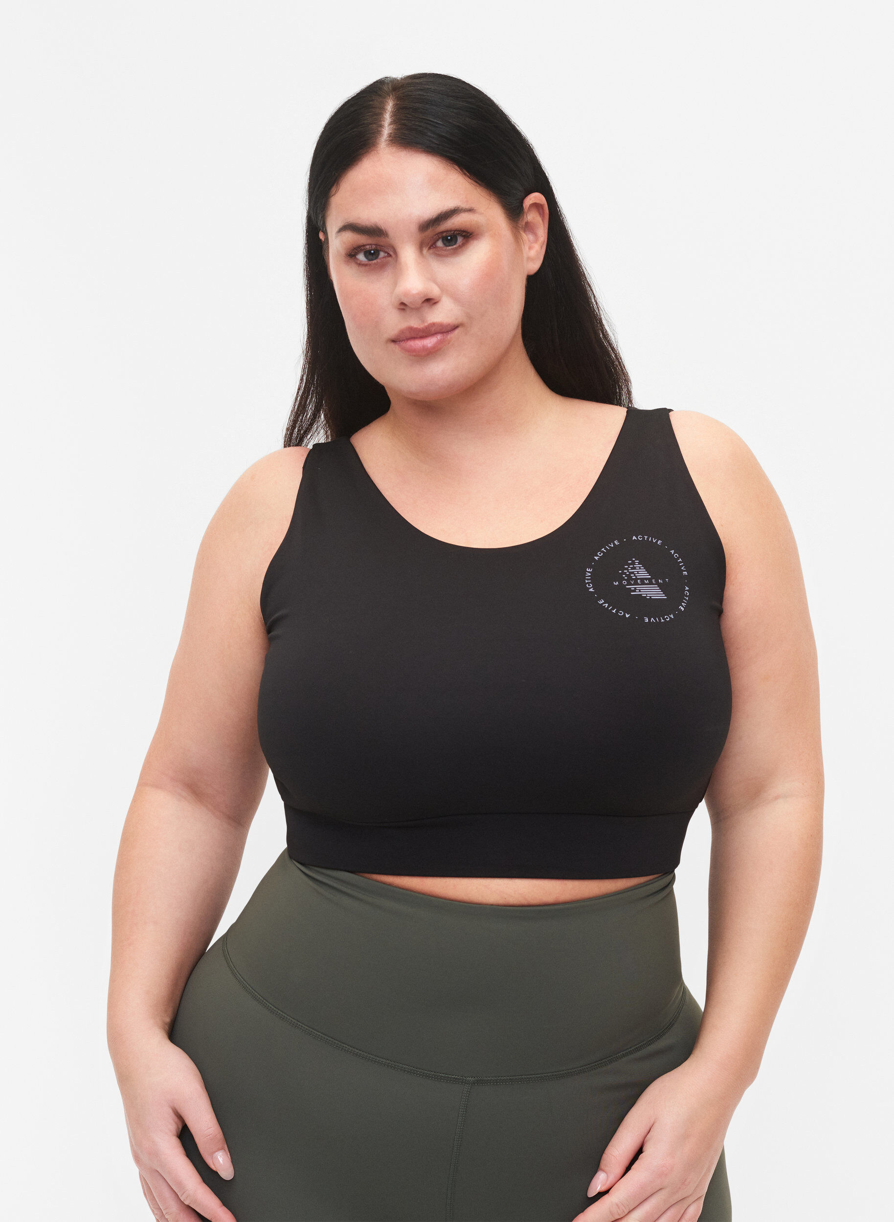 Zizzi CORE, MID SUPPORT SPORTS BRA - Sport-BH mit V-R&uuml;cken, Black, Model image number 0