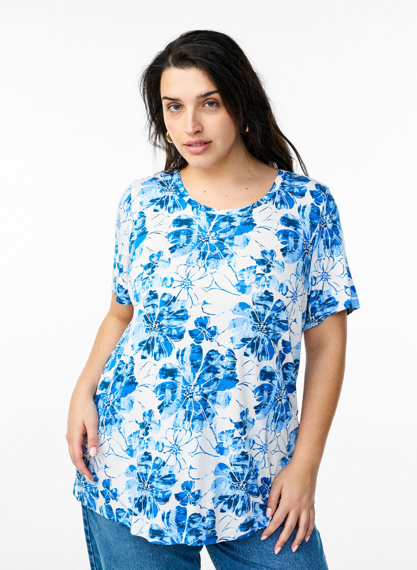 T-Shirt mit floralem Print, Blau, Model image number 0