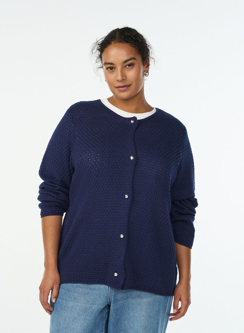 Strickjacke aus Strukturstrick mit kugelförmigen Knöpfen, Blau, Model image number 0